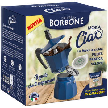 MokaCiao – caffettiera da 3 tazze con 15 cialde OMAGGIO